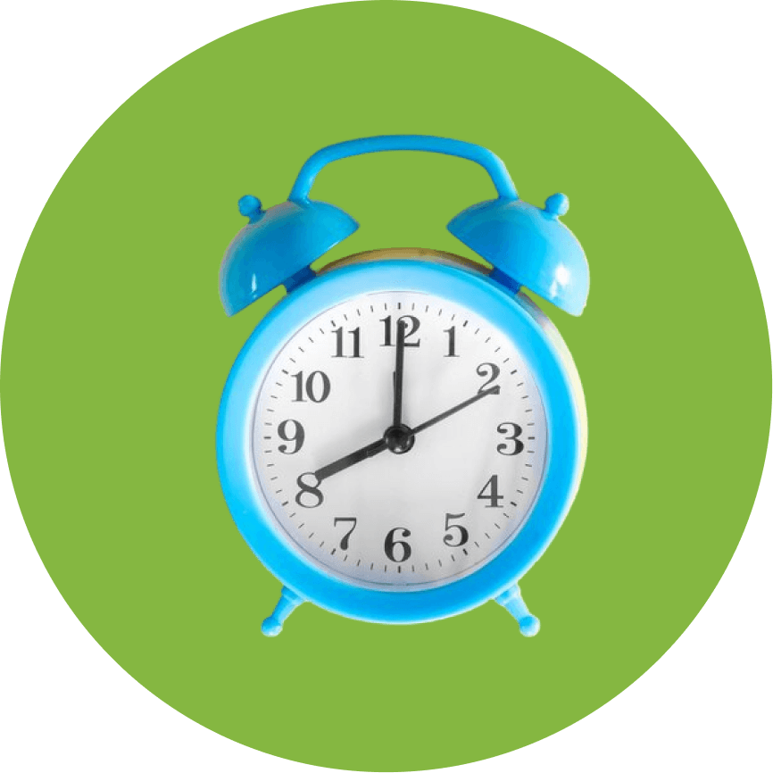 A bright blue alarm clock on a green circle